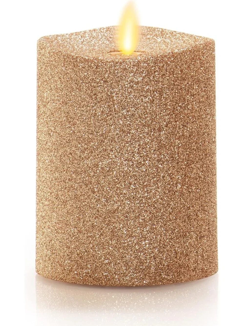 Realistic LED Moving Flame Pillar Candle - Gold Glitter, Battery Operated
